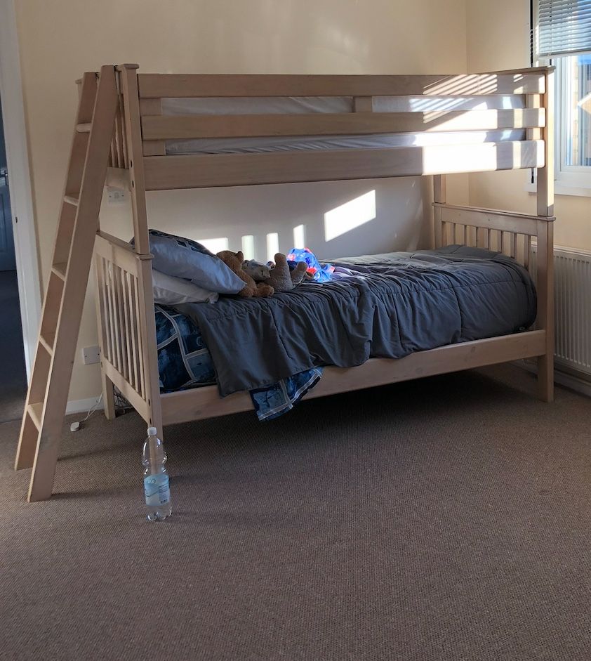 Twin Bunk Beds w/ Mattresses, Ladder & Small Bookcase.