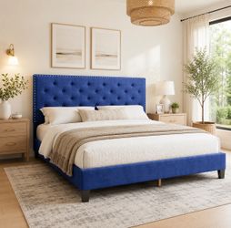 Blue Velvet Tufted Upholstered Platform Bed Frame