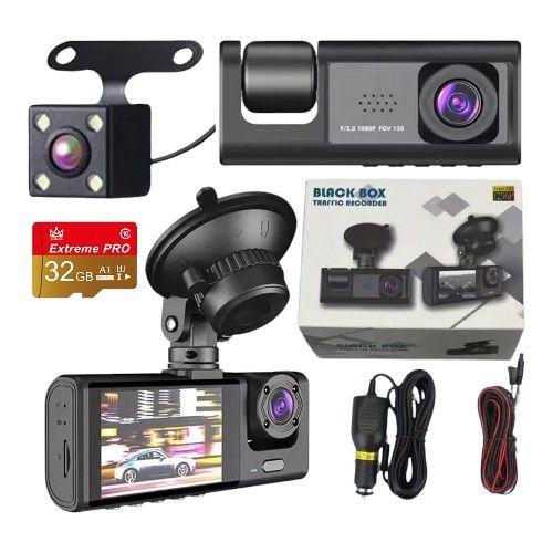 “1080P Car Dash Cam – 3 Lens, Night Vision, Loop Recording”