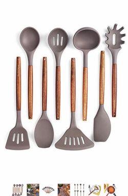 MyLEMONELLA Silicone Kitchen Utensil Set, Acacia Wood Handles, No-Fuss Cooking, Heat Resistant, Food Safe Quality Cooking Utensils, Durable Long Last