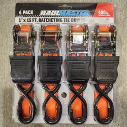 Haul Master 1"×15 FT Ratcheting Tie Downs 4 Pack 400lb Working Load