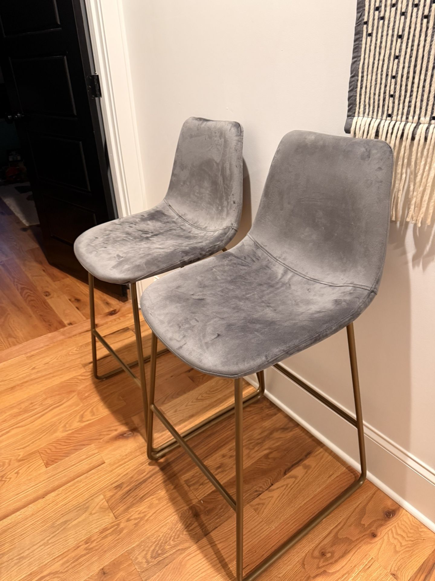 Grey Velvet Bar Stools-Set of 2