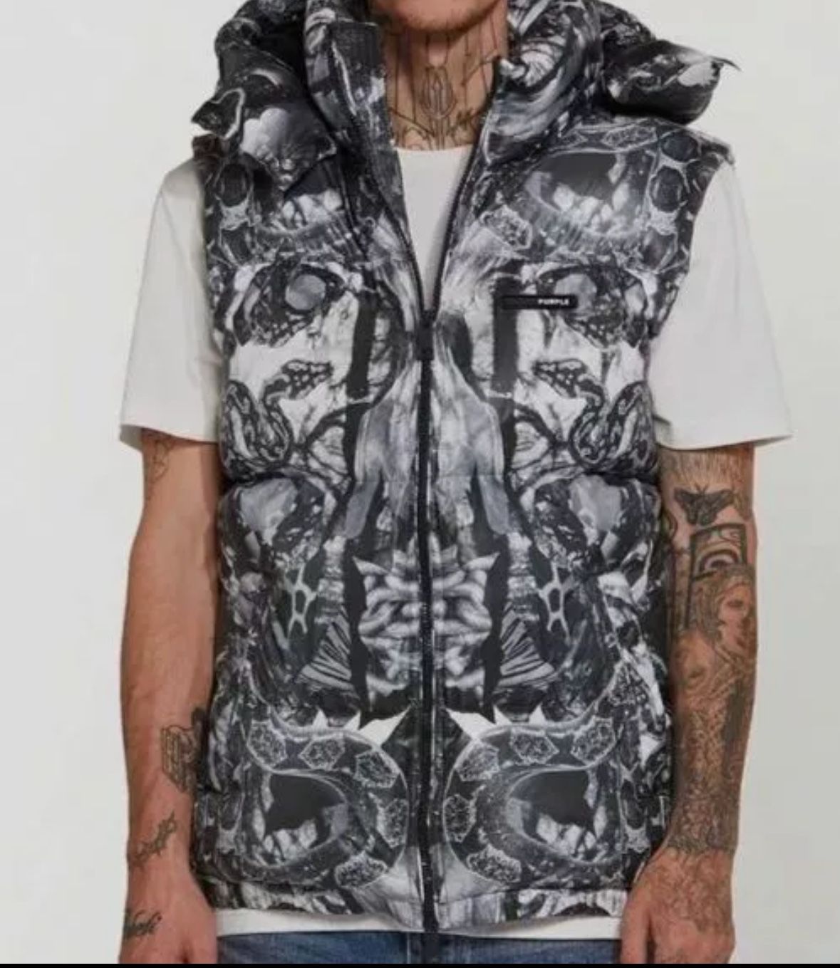 $653 Purple Brand Men's Black/White Graphic-Print Puffer Vest Jacket Coat Size L