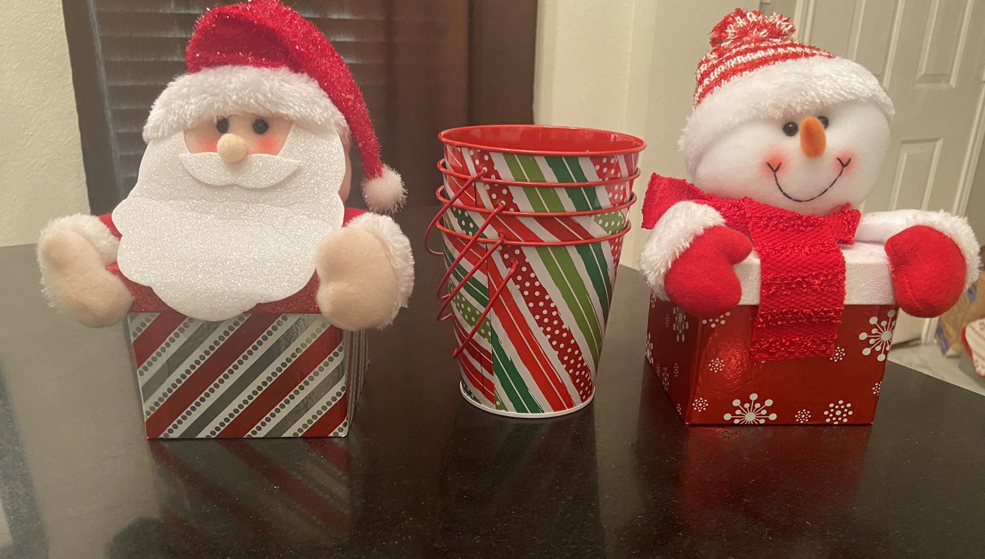 SANTA, SNOWMAN GIFT BOXES & 4 GIFT BUCKETS WITH HANDLES - ALL FOR $14