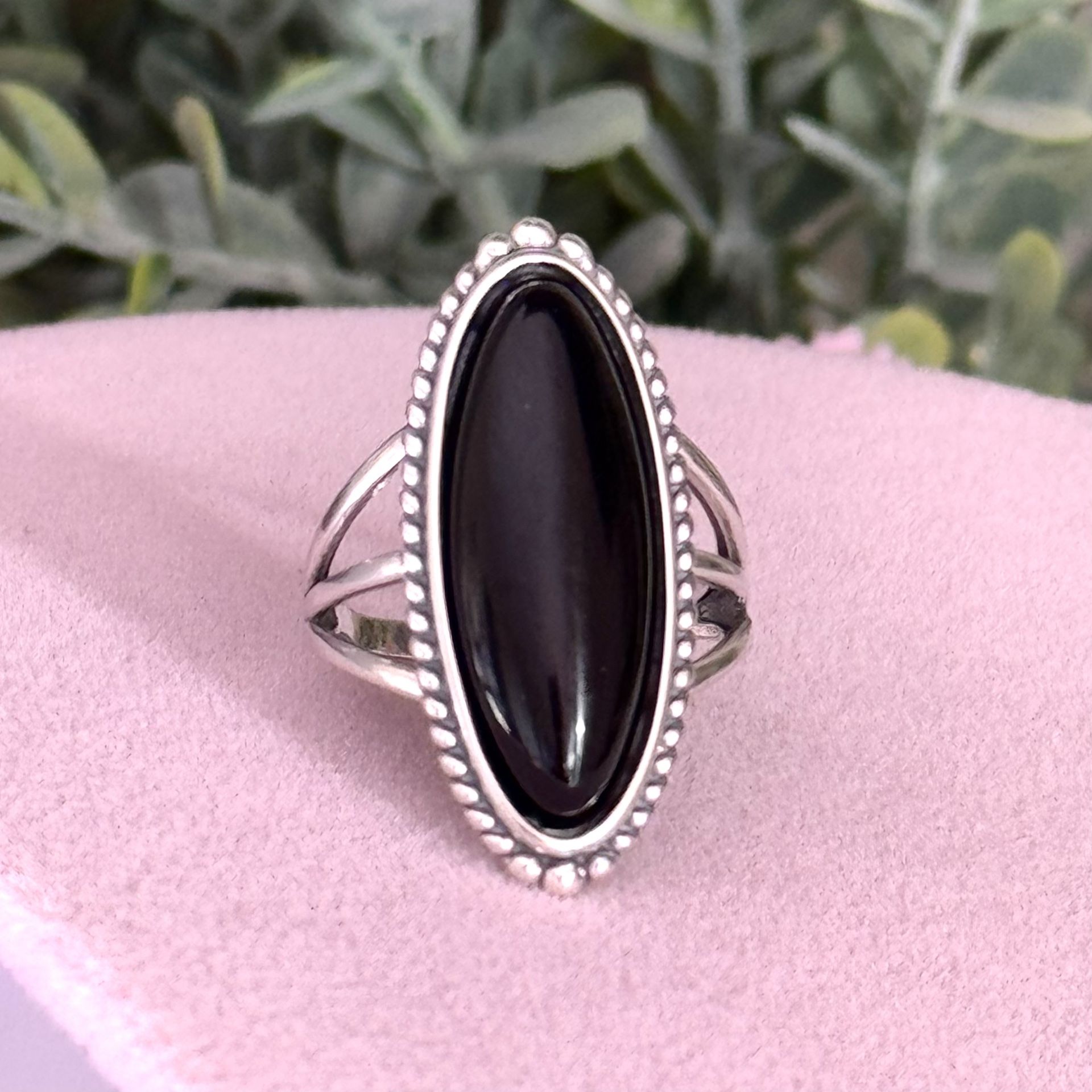 Black Agate 💍 925 Sterling Silver Ring Size 6 3/4 - 7
