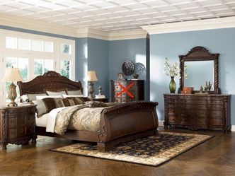 4 pcs King size Ashley Furniture North Shore Sleigh Bedroom Set in Dark Brown