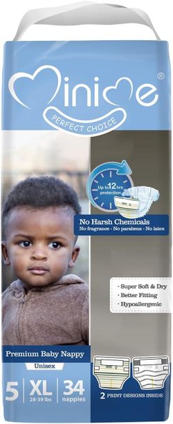 Minime Baby Diapers - Size 5 (28-39 lbs), X-Large, 34 Count, Premium Ultra Soft Disposable Baby Diapers, Hypoallergenic, Fragrance Free