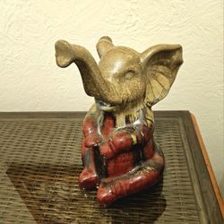 Good Luck Ceramic Elephant  With A Maroon Red And Tan Drip Glaze