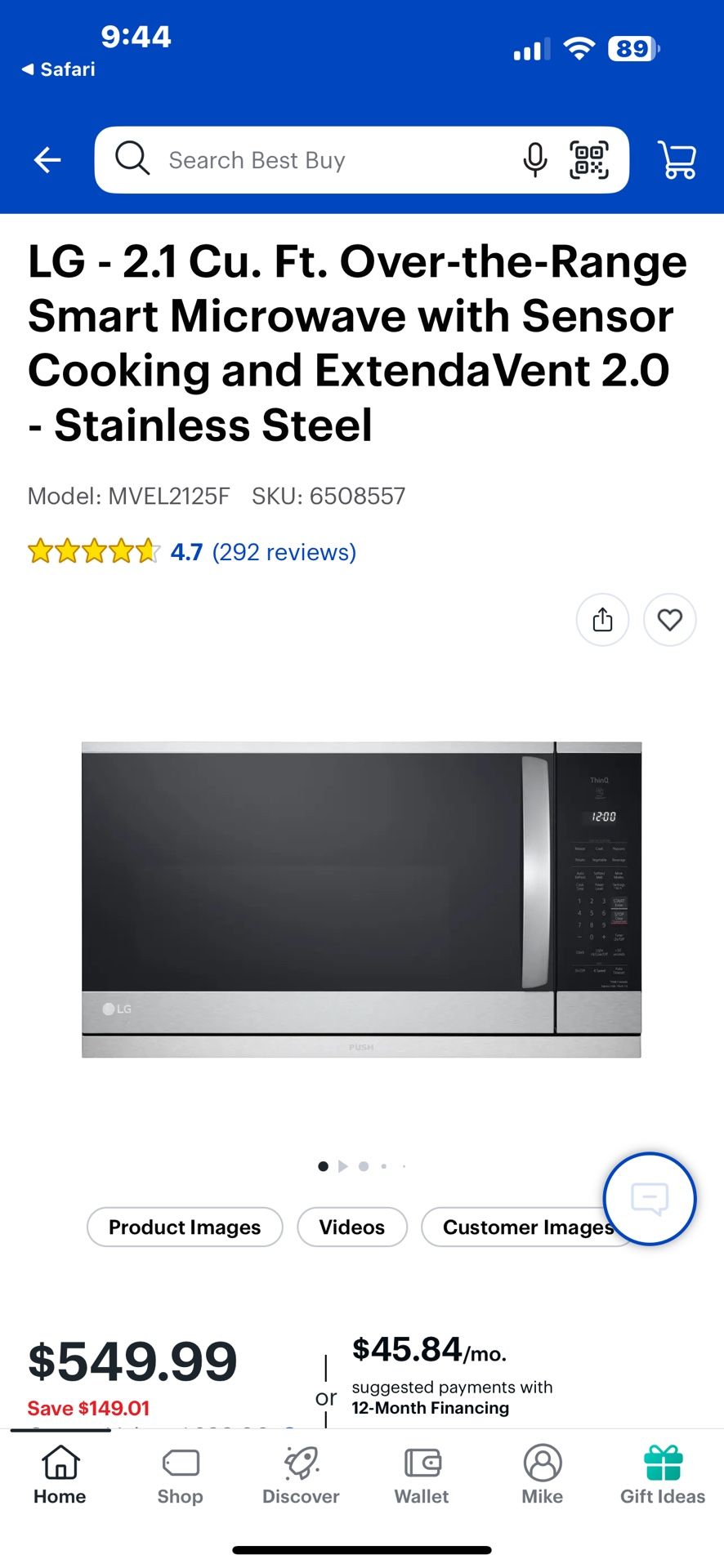 NEW IN BOX LG 2.1 cu ft OVER THE RANGE MICROWAVE In Box. SMART WITH EXTENDED VENT. 6/6/25