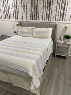 Queen Size Bed Frame, Mattress, Two Nightstands, Four Pillows and Sheets