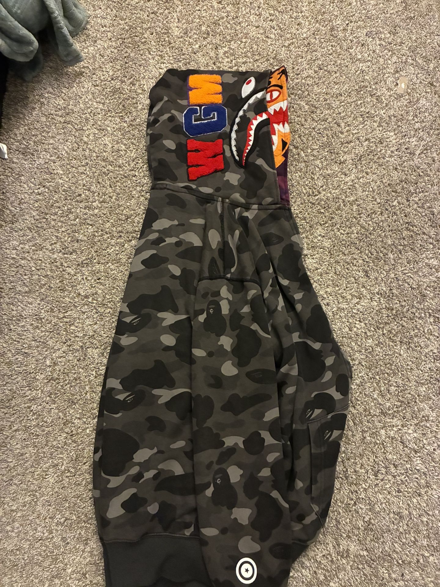 Bape Hoodie, Double Hood, Grey With Purple 