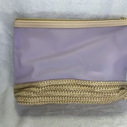 Light purple and tan makeup bag with gold zipper