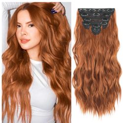 Fliace Clip in Hair Extensions, 6 PCS Natural & Soft Hair & Blends Well Hair Extensions, Medium Brown Long Wavy Hairpieces(20inch, 6pcs, Copper Red)