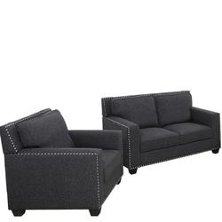 Sofa Set with Nailhead Trim Linen Fabric Upholstered  Loveseat and AirmChair Fruniutre Set (Black Grey)