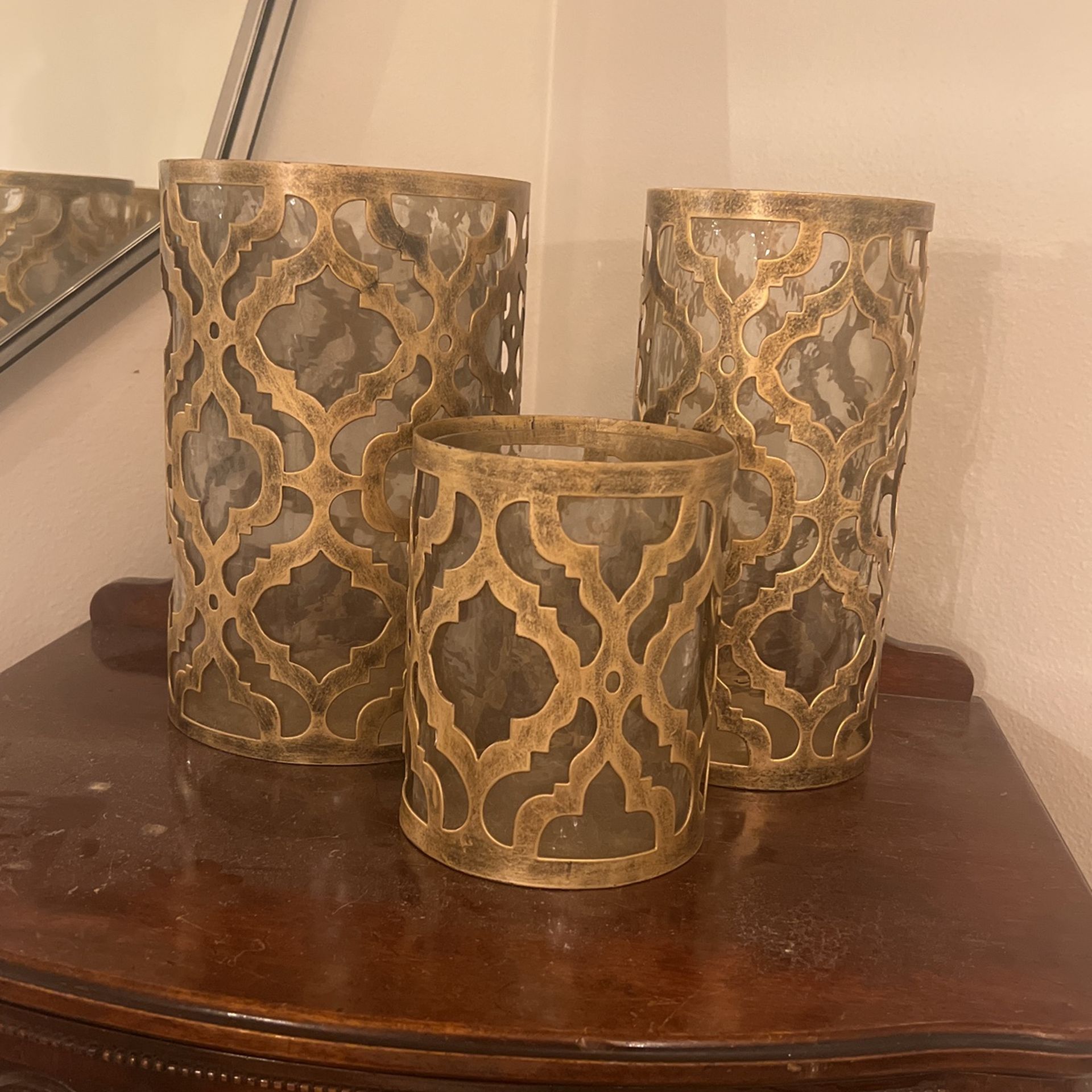 Set Of Three Gold Candle Holders