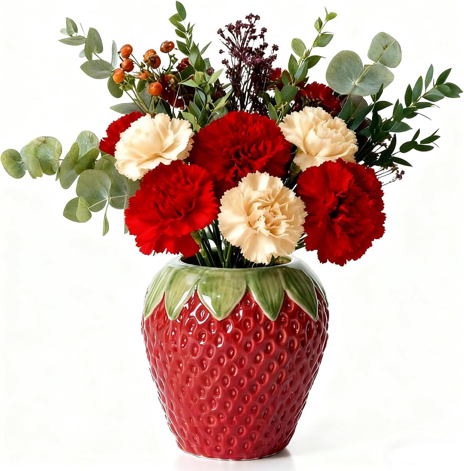 Beautiful  Ceramic Strawberry Vase. 4.7” H X 5.1” H . Red And Green. 