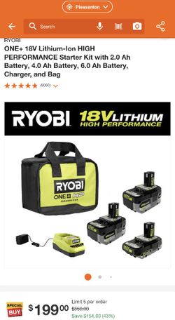 RYOBI
ONE+ 18V Lithium-lon HIGH
PERFORMANCE Starter Kit with 2.0 Ah Battery, 4.0 Ah Battery, 6.0 Ah Battery, Charger, and Bag