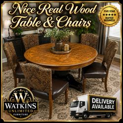 🌟 Beautiful 60” Round Real Wood Dining Table Set – 6 Heavy-Duty Chairs – Delivery Available! 🌟