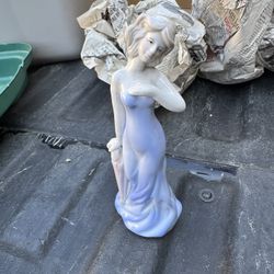 Vintage Ceramic Porcelain Figurine Of Lady In Blue Dress Holding Umbrella 8" 