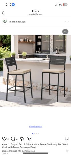Set of 2 Black Metal Frame Stationary Bar Stool Chair with Beige Cushioned Seat