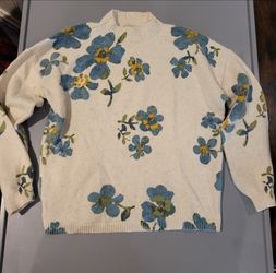 🌼 LOFT Women’s Medium Ivory Blue Floral Mock Neck Sweater