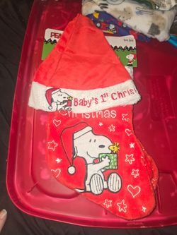 New Peanuts Snoopy Baby's 1st Christmas Santa Hat and Stocking 2 Piece Set NEW