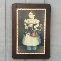 Antique Large Wood Frame Ethan Allen Girl With Flowers 19th Century Fine Artwork