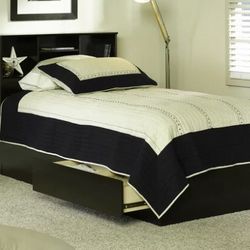 Twin Bed, Twin Mates Bed, No Mattress, Cinamon Cherry W Drawers And Bookcase Headboard