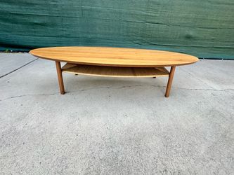 Mid-Century Oval Wood Coffee Table with Rattan Shelf