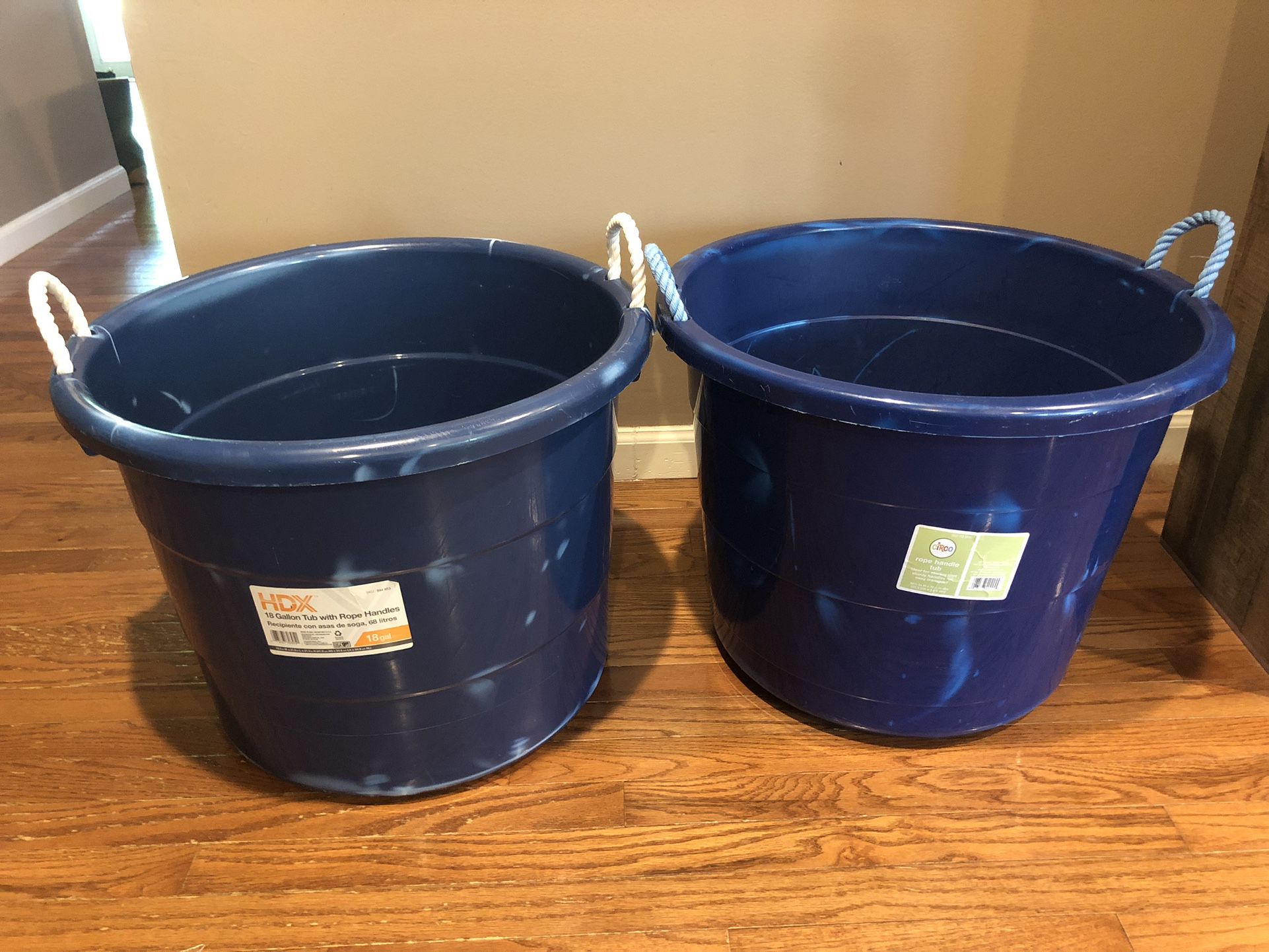 2 18 Gallon Plastic Tubs with Rope Handles 