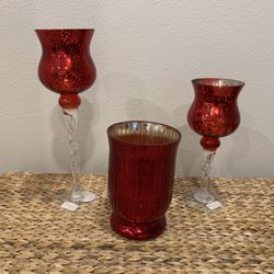Red Glass Candle Holders Stands Patriotic Country Home Decor Decorative Accents