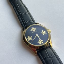 Gucci  G-Timeless Watch Gold Black Leather Strap Golden Details Bee Stars