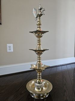 34" 3-step Large Peacock Diya Lamp With Stand In Brass