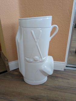 Mid Century Modern White Ceramic Golf Bag Umbrella Walking Sticks Stand "Father's Day" ITALY