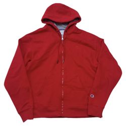 Champion Fleece Hoodie Men’s L Red Blue Full Zip Classic Logo Outdoor Sweater
