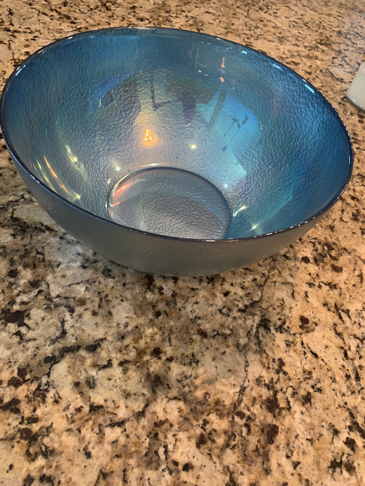 11 Inches Wide Deep Thick Glass Bowl W/ Aqua Blue Pearl Finish And Textured Exterior Finish On The Outside.