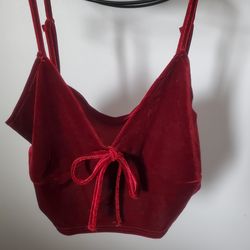 Velvet Tie-Front Crop Top - Deep Burgundy - L