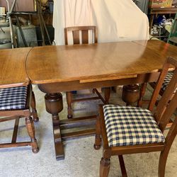 Antique Edwardian Draw Leaf Oak Dining Set With 4 Chairs