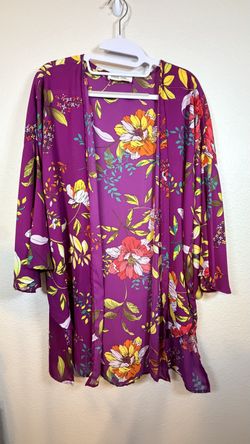 Peach Love California Purple Floral Kimono Cardigan Size Large Open Front