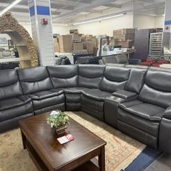 Sectional Faux Leather Couch With 3  Powered Recliners 