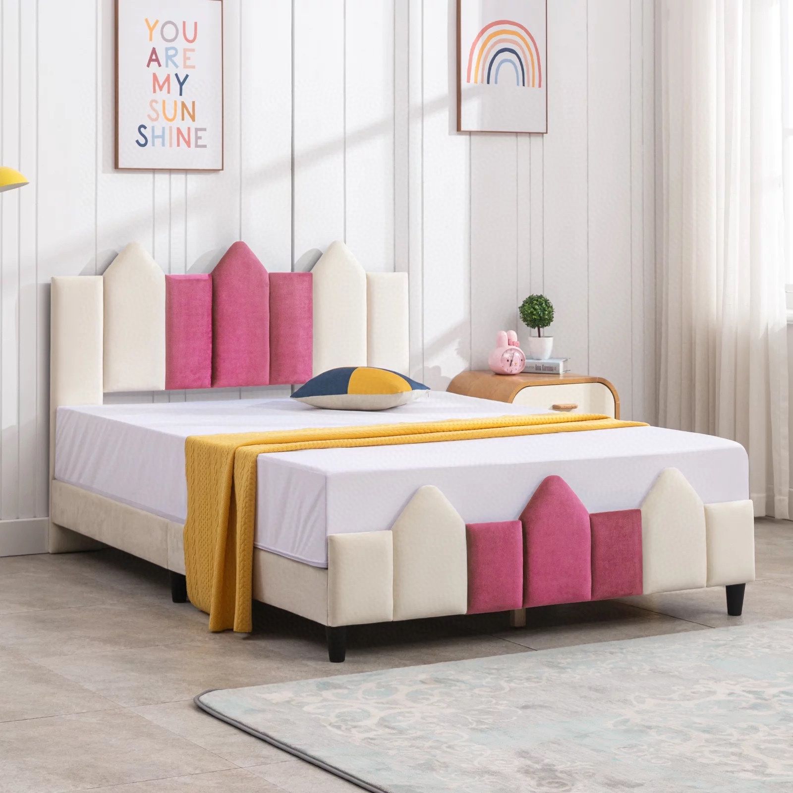 Full Bed Frames for Kids, Wood Upholstered Bed Platform with Headboard, Children Bedroom Kids Bed