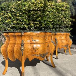 Pair Of Elegant Louis XV Style Italian Bombe Commode with Marble Top & Ormolu Mounts