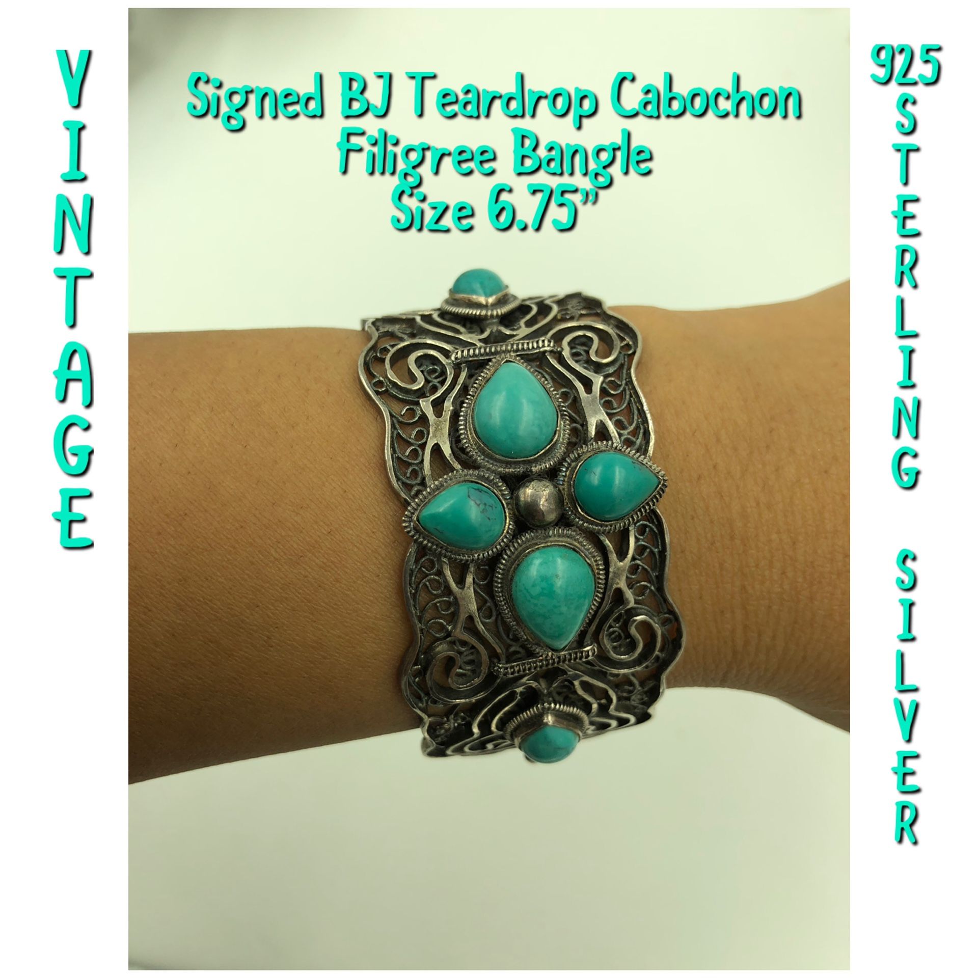 Signed BJ STER 925 Silver Turquoise Filigree Bangle 6.75