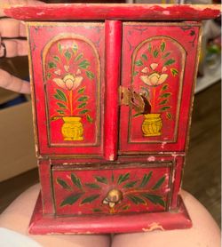 Vtg East European Or Indian Wood Painted Jewelry Box/Cabinet Boho Folk Art 9”. Has normal where but is still holding on. A few chips but again still d