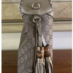 Gucci Beige/ Gold CANVAS/LEATHER HOBO BAMBOO TASSEL BAG