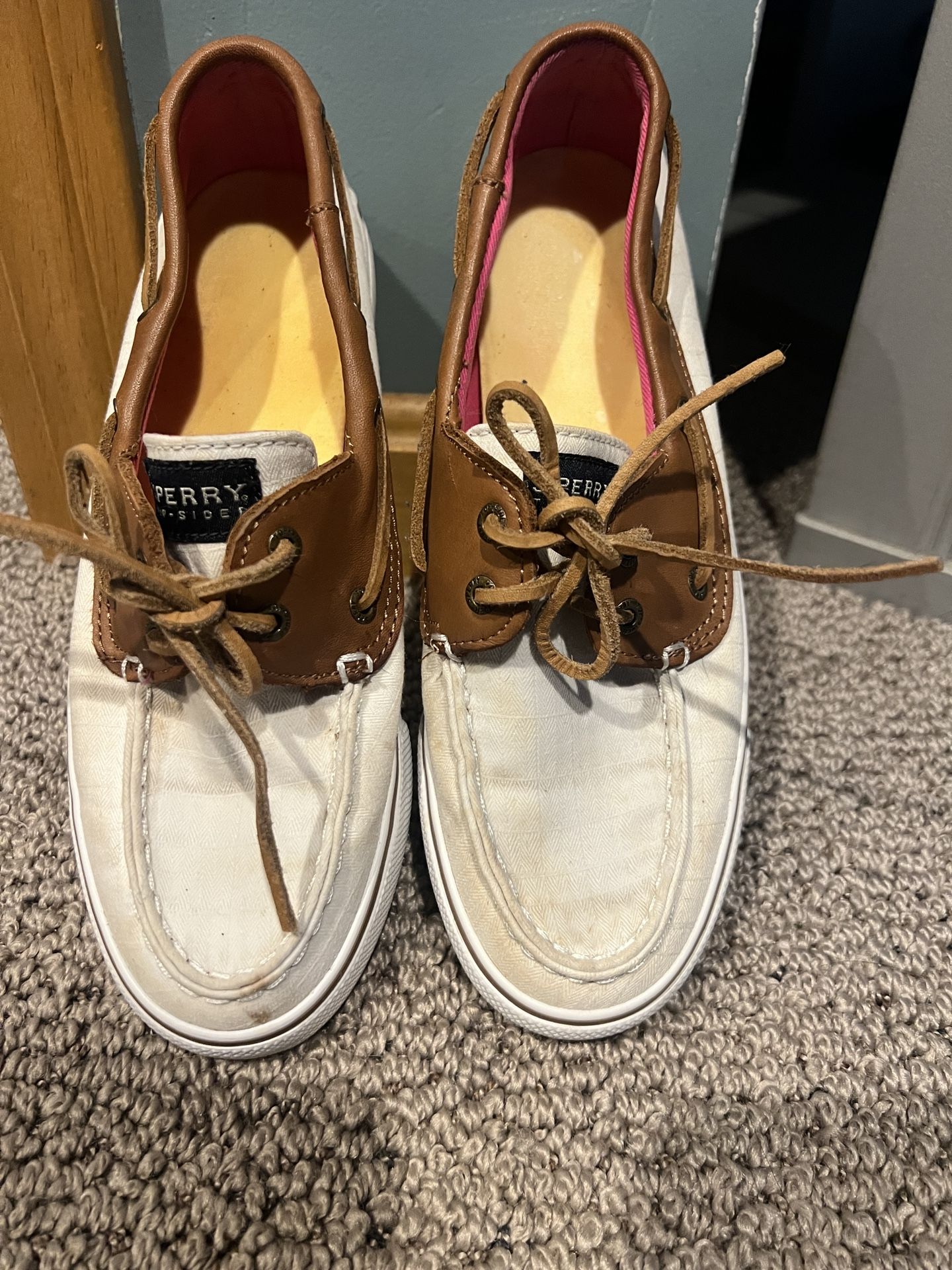 Sperry Top Sider Women’s Cream Linen/Brown Leather Slip On Boat Shoes Sz 7.5