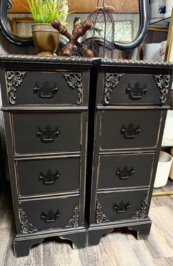 Beautiful Black Farmhouse Style Ornate Matching Nightstands