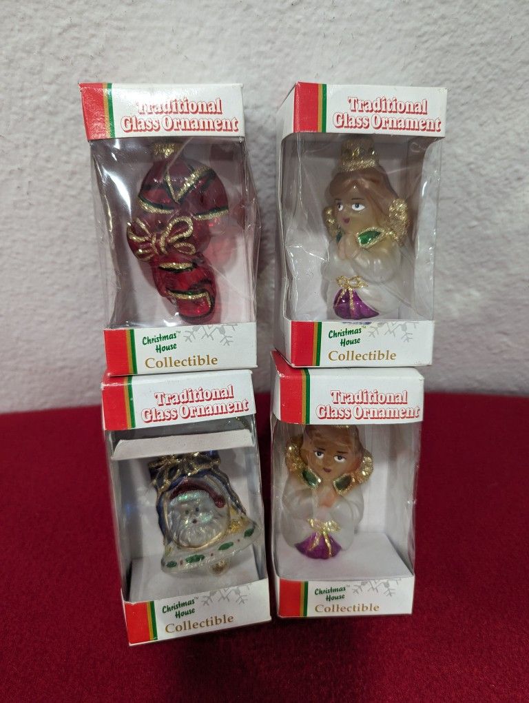 Vintage Christmas House Collectible Traditional Glass Ornaments Lot Of 4