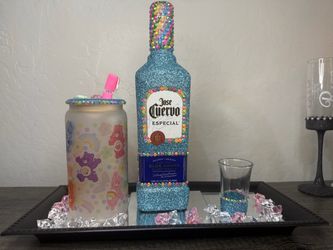 Bedazzled (EMPTY) bottles with matching glass/cup and shot glass