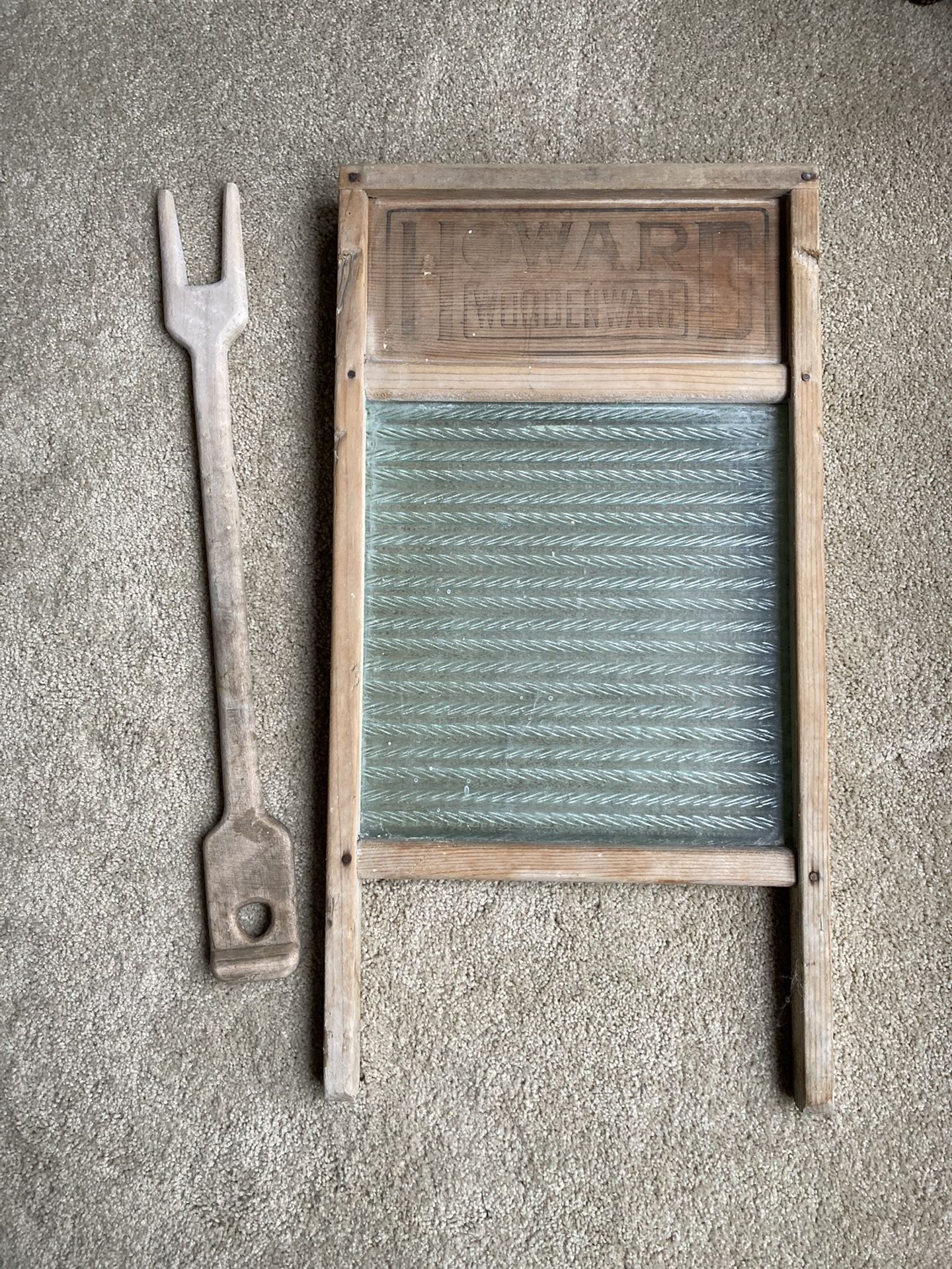 PENDING - Vintage Howard Woodenware Glass Washboard And Hand Carved Vintage Laundry Stick Paddle